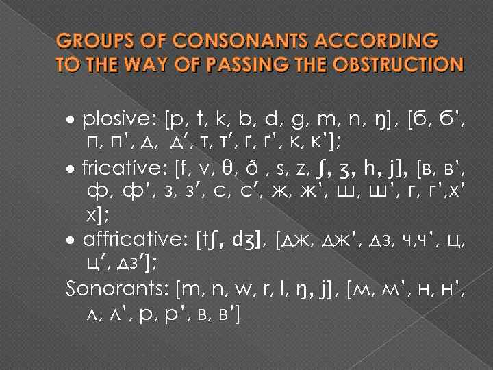GROUPS OF CONSONANTS ACCORDING TO THE WAY OF PASSING THE OBSTRUCTION · plosive: [p,