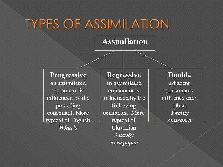 TYPES OF ASSIMILATION Assimilation Progressive Regressive Double an assimilated consonant is influenced by the