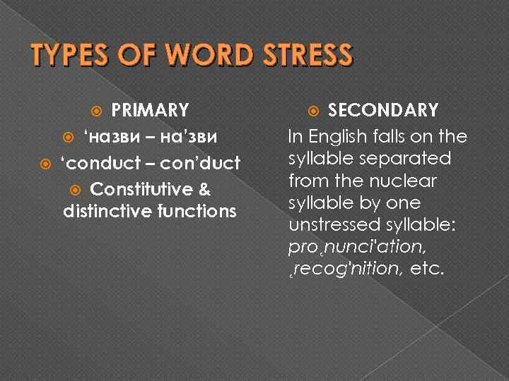 TYPES OF WORD STRESS PRIMARY ‘назви – на’зви ‘conduct – con’duct Constitutive & distinctive
