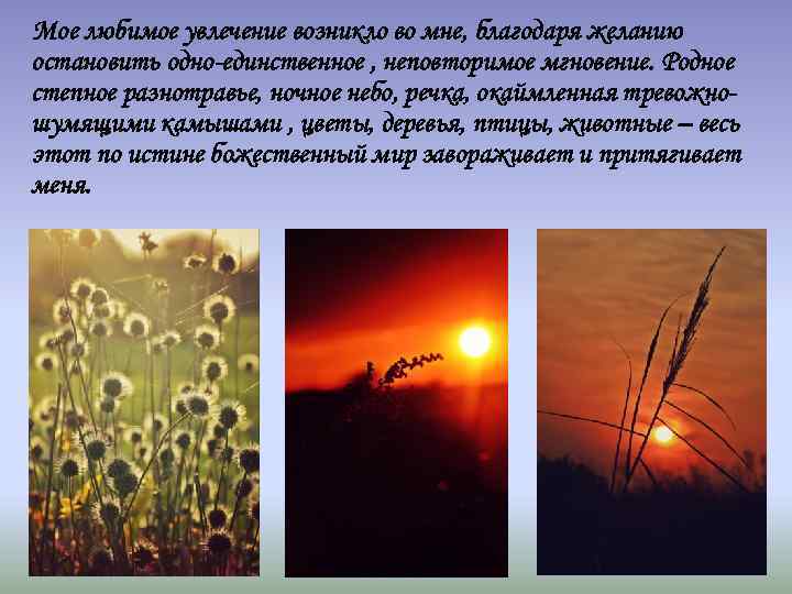 Мое любимое увлечение возникло во мне, благодаря желанию остановить одно-единственное , неповторимое мгновение. Родное
