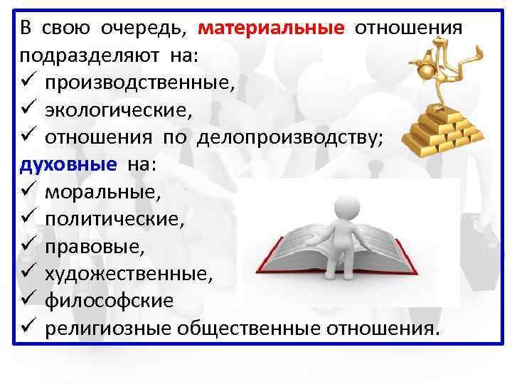 В свою очередь, материальные отношения подразделяют на: ü производственные, ü экологические, ü отношения по