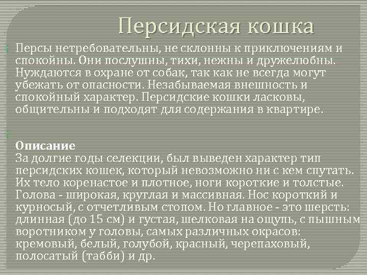 Персидская кошка Персы нетребовательны, не склонны к приключениям и спокойны. Они послушны, тихи, нежны