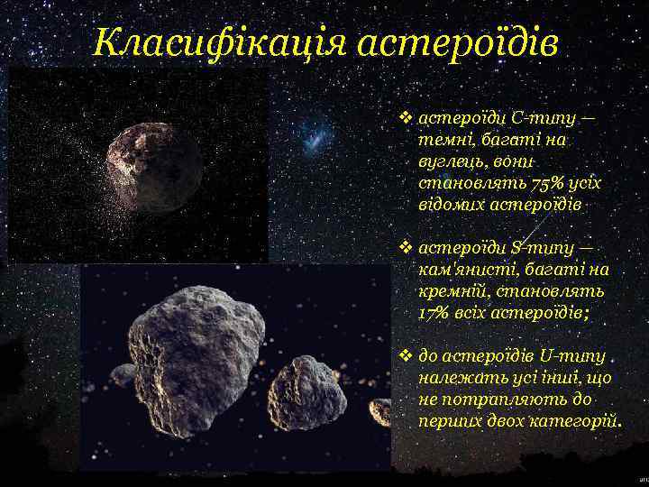Класифікація астероїдів v астероїди C типу — темні, багаті на вуглець, вони становлять 75%