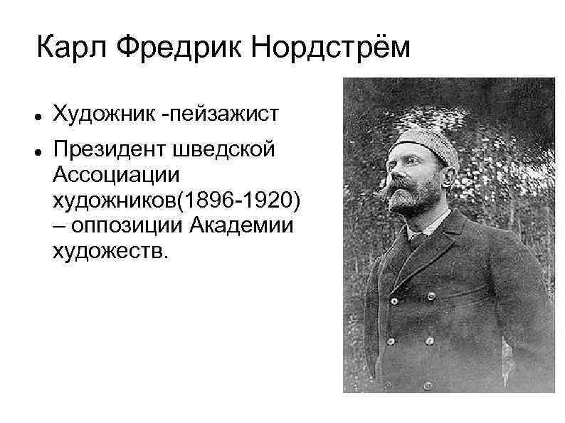 Карл Фредрик Нордстрём Художник -пейзажист Президент шведской Ассоциации художников(1896 -1920) – оппозиции Академии художеств.