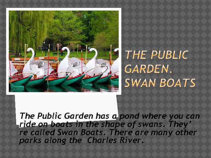 The Public Garden has a pond where you can ride on boats in the