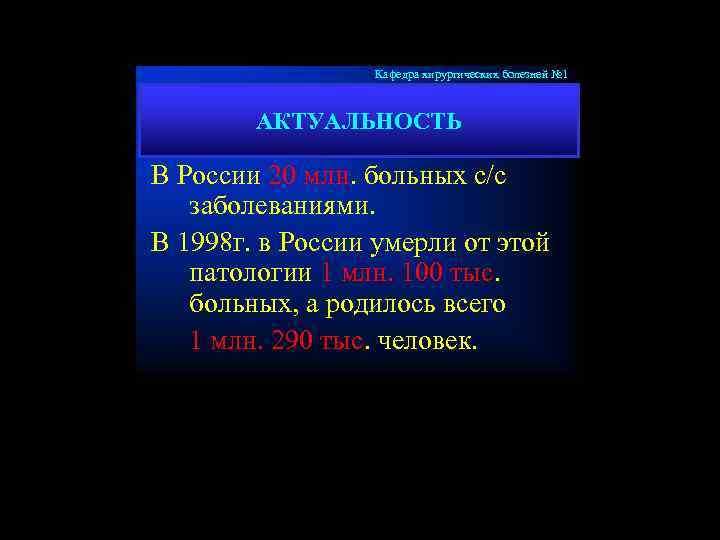 Кафедра хирургических болезней № 1 АКТУАЛЬНОСТЬ В России 20 млн. больных с/с заболеваниями. В