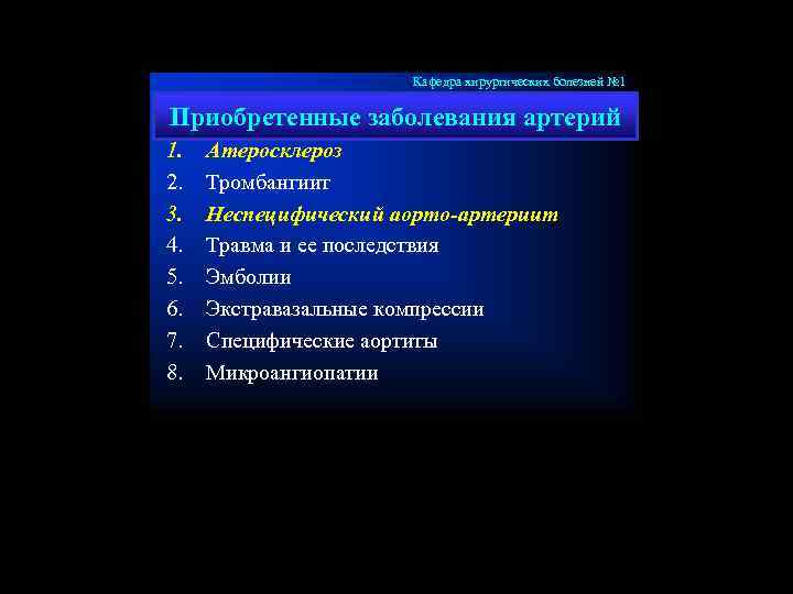 Кафедра хирургических болезней № 1 Приобретенные заболевания артерий 1. 2. 3. 4. 5. 6.