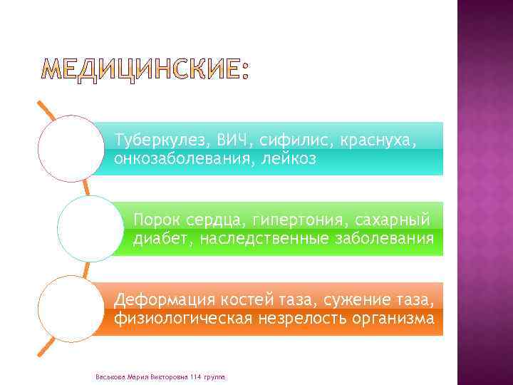 Туберкулез, ВИЧ, сифилис, краснуха, онкозаболевания, лейкоз Порок сердца, гипертония, сахарный диабет, наследственные заболевания Деформация