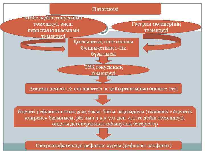 Патогенезі Кезбе жүйке тонусының Гастрин мөлшерінің төмендеуі, өңеш төмендеуі перистальтикасының төмендеуі Қысқыштың тегіс салалы