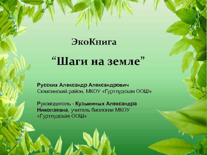 Эко. Книга “Шаги на земле” Русских Александрович Сюмсинский район, МКОУ «Гуртлудская ООШ» Руководитель -