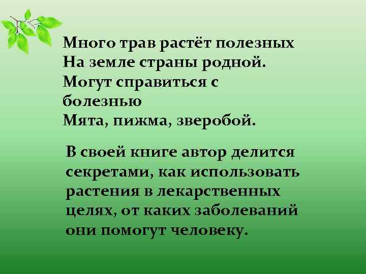 Много трав растёт полезных На земле страны родной. Могут справиться с болезнью Мята, пижма,