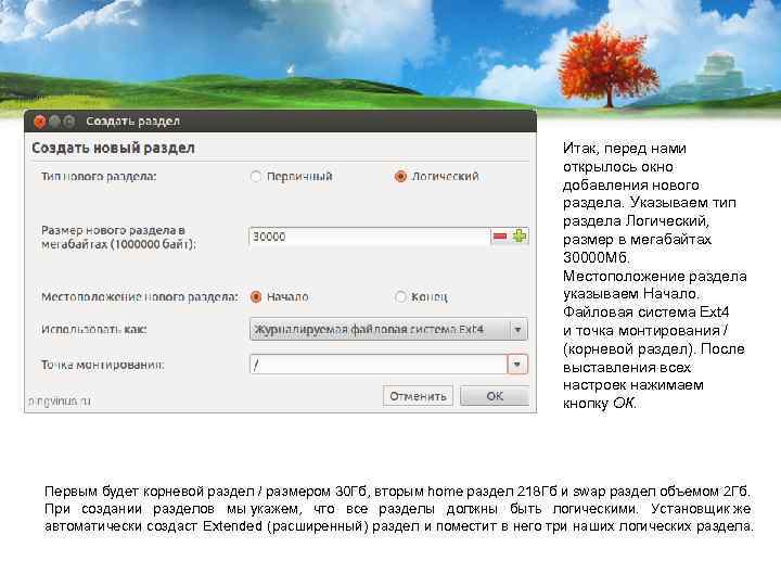 Итак, перед нами открылось окно добавления нового раздела. Указываем тип раздела Логический, размер в