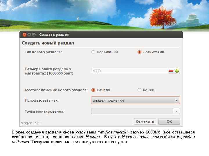 В окне создания раздела снова указываем тип Логический, размер 2000 Мб (все оставшееся свободное