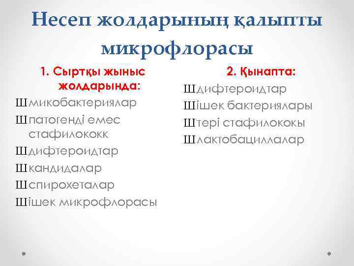 Несеп жолдарының қалыпты микрофлорасы 1. Сыртқы жыныс жолдарында: Ш микобактериялар Ш патогенді емес стафилококк