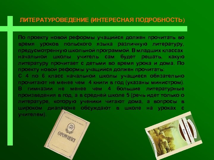 ЛИТЕРАТУРОВЕДЕНИЕ (ИНТЕРЕСНАЯ ПОДРОБНОСТЬ) По проекту новой реформы учащийся должен прочитать во время уроков польского