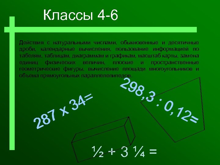 Классы 4 -6 Действия с натуральными числами, обыкновенные и десятичные дроби, календарные вычисления, пользование