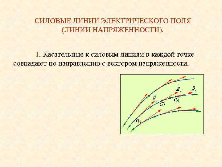 СИЛОВЫЕ ЛИНИИ ЭЛЕКТРИЧЕСКОГО ПОЛЯ (ЛИНИИ НАПРЯЖЕННОСТИ). 1. Касательные к силовым линиям в каждой точке