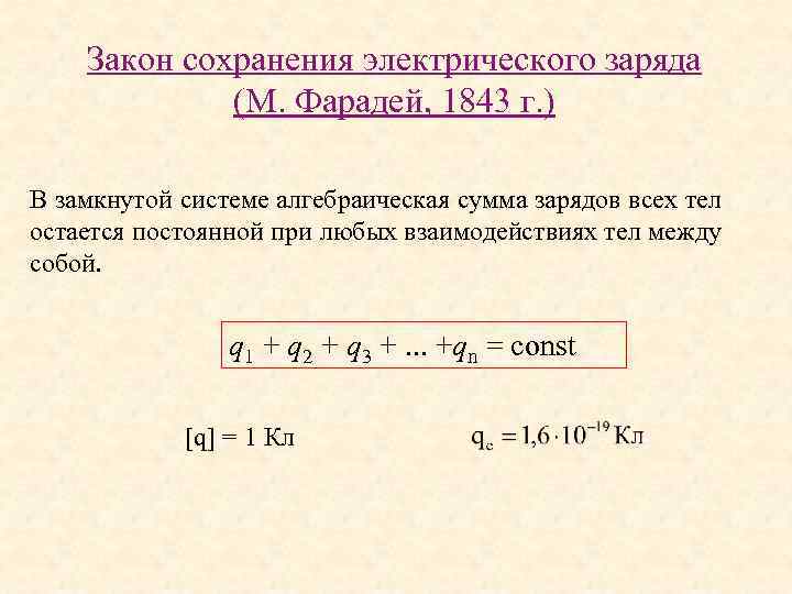 Закон сохранения электрического заряда (М. Фарадей, 1843 г. ) В замкнутой системе алгебраическая сумма