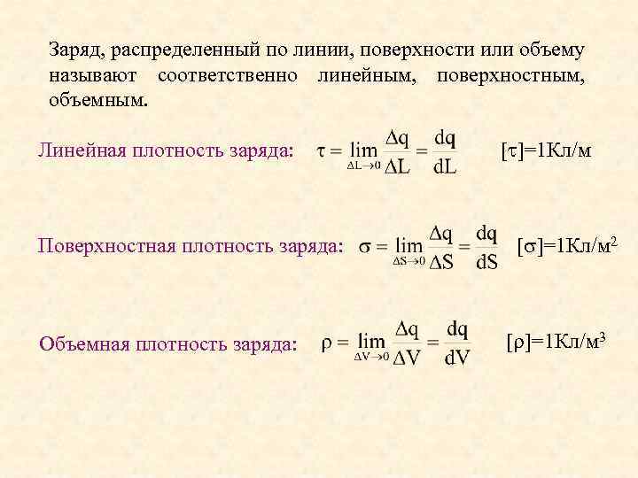 Заряд, распределенный по линии, поверхности или объему называют соответственно линейным, поверхностным, объемным. Линейная плотность