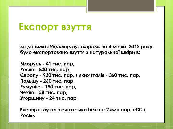 Експорт взуття За даними «Укршкірвзуттяпром» за 4 місяці 2012 року було експортовано взуття з