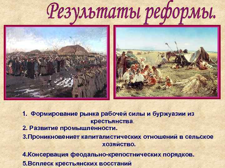 1. Формирование рынка рабочей силы и буржуазии из крестьянства. 2. Развитие промышленности. 3. Проникновениет