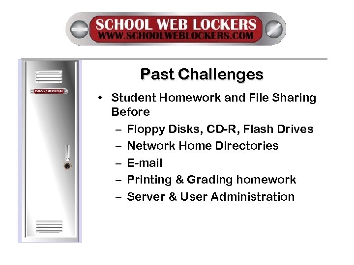 Past Challenges • Student Homework and File Sharing Before – Floppy Disks, CD-R, Flash