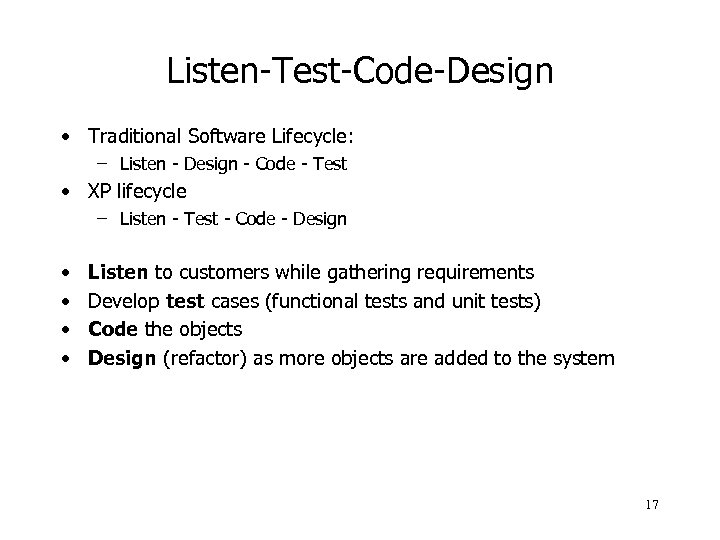 Listen-Test-Code-Design • Traditional Software Lifecycle: – Listen - Design - Code - Test •