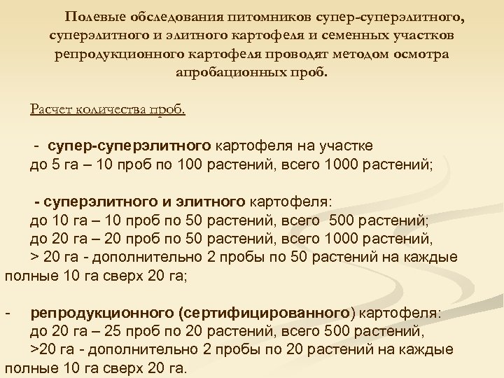Полевые обследования питомников супер-суперэлитного, суперэлитного и элитного картофеля и семенных участков репродукционного картофеля проводят