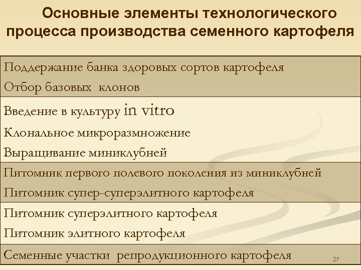 Основные элементы технологического процесса производства семенного картофеля Поддержание банка здоровых сортов картофеля Отбор базовых