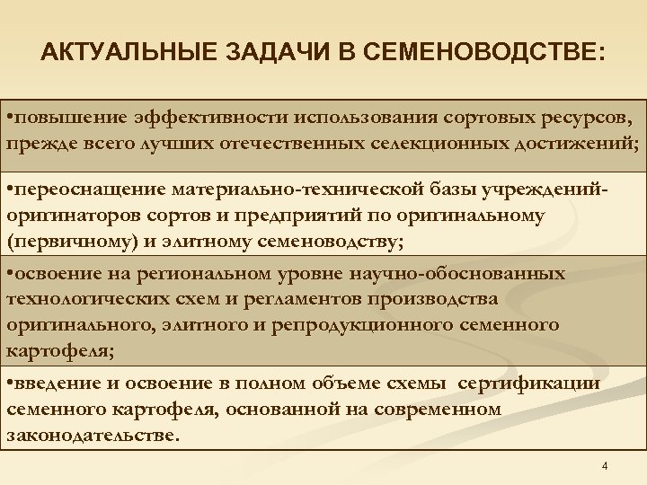 АКТУАЛЬНЫЕ ЗАДАЧИ В СЕМЕНОВОДСТВЕ: • повышение эффективности использования сортовых ресурсов, прежде всего лучших отечественных