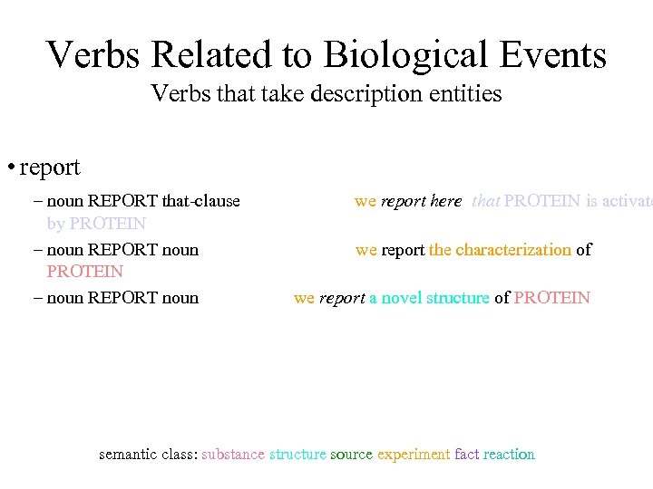 Verbs Related to Biological Events Verbs that take description entities • report – noun