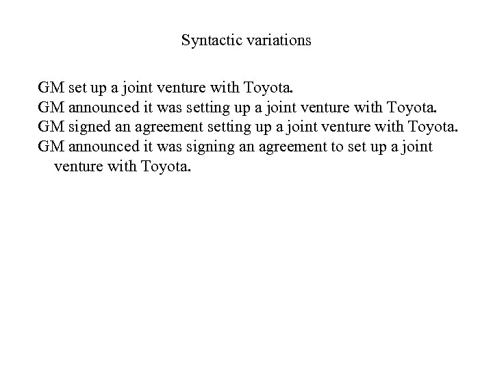 Syntactic variations GM set up a joint venture with Toyota. GM announced it was