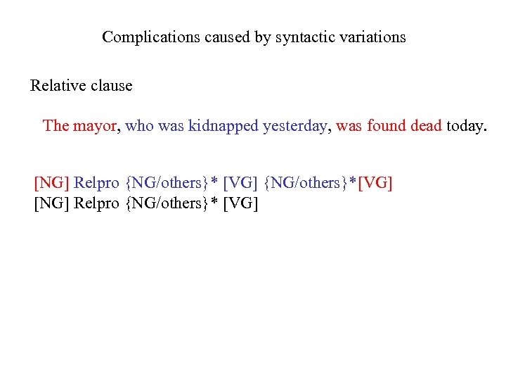 Complications caused by syntactic variations Relative clause The mayor, who was kidnapped yesterday, was