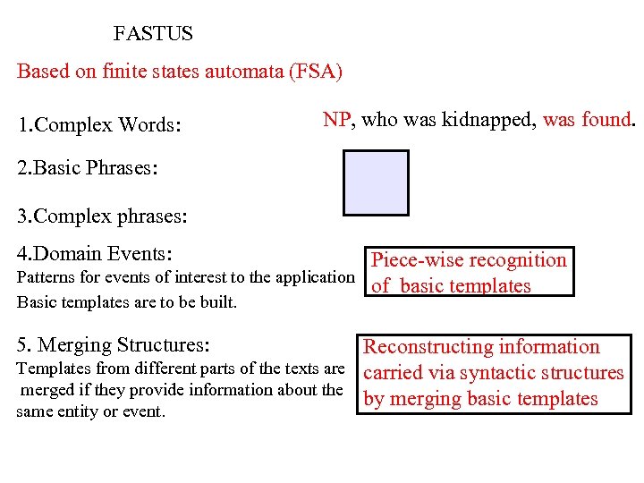 FASTUS Based on finite states automata (FSA) 1. Complex Words: NP, who was kidnapped,