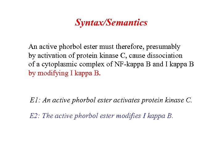 Syntax/Semantics An active phorbol ester must therefore, presumably by activation of protein kinase C,