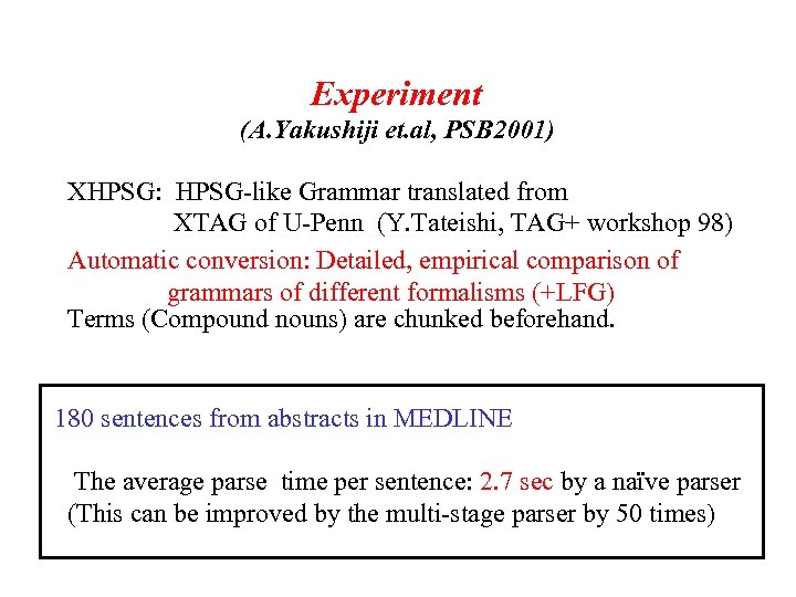 Experiment (A. Yakushiji et. al, PSB 2001) XHPSG: HPSG-like Grammar translated from XTAG of