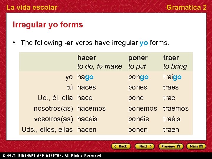 La vida escolar Gramática 2 Irregular yo forms • The following -er verbs have