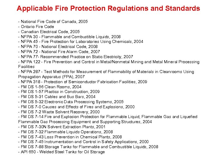 Applicable Fire Protection Regulations and Standards - National Fire Code of Canada, 2005 -