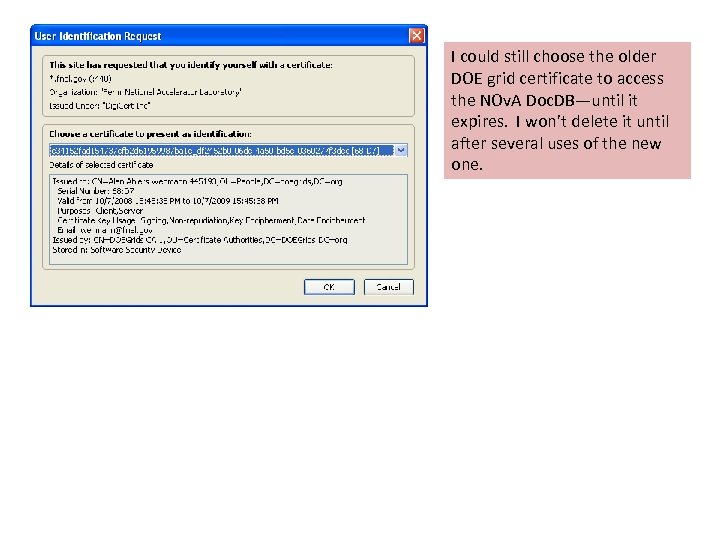 I could still choose the older DOE grid certificate to access the NOv. A