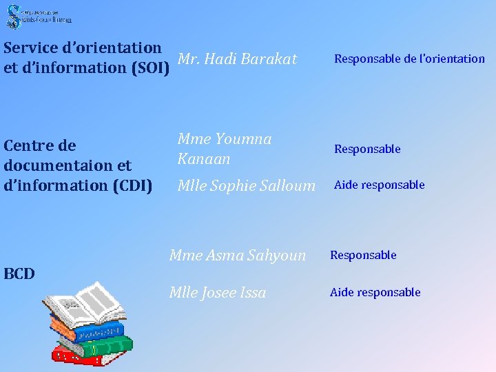 Service d’orientation Mr. Hadi Barakat et d’information (SOI) Centre de documentaion et d’information (CDI)