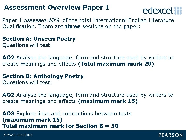 Assessment Overview Paper 1 assesses 60% of the total International English Literature Qualification. There