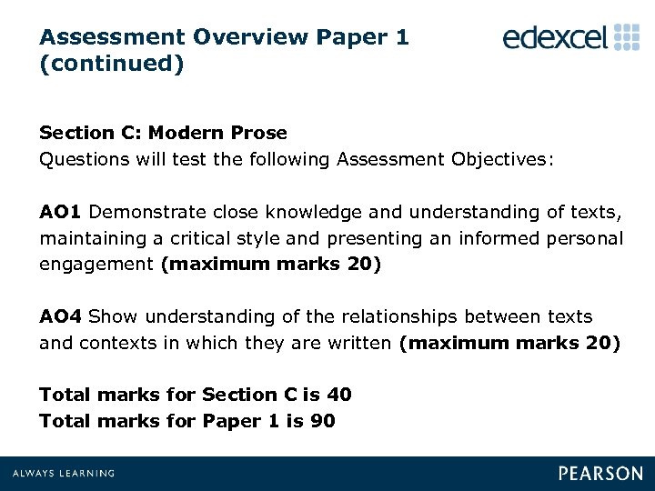 Assessment Overview Paper 1 (continued) Section C: Modern Prose Questions will test the following