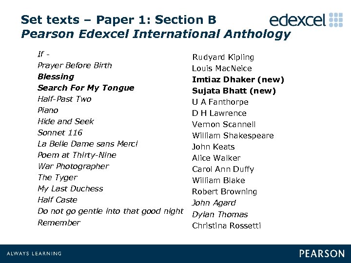 Set texts – Paper 1: Section B Pearson Edexcel International Anthology If - Rudyard