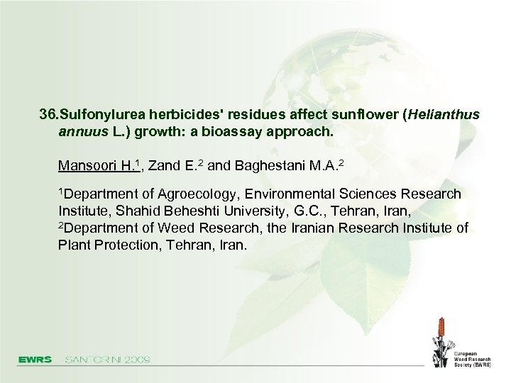 36. Sulfonylurea herbicides' residues affect sunflower (Helianthus annuus L. ) growth: a bioassay approach.