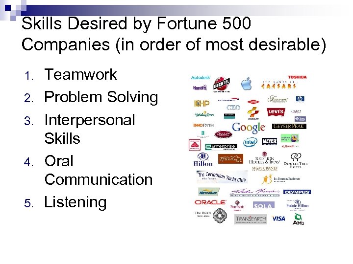 Skills Desired by Fortune 500 Companies (in order of most desirable) 1. 2. 3.