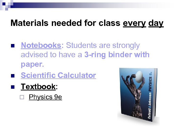 Materials needed for class every day n n n Notebooks: Students are strongly advised