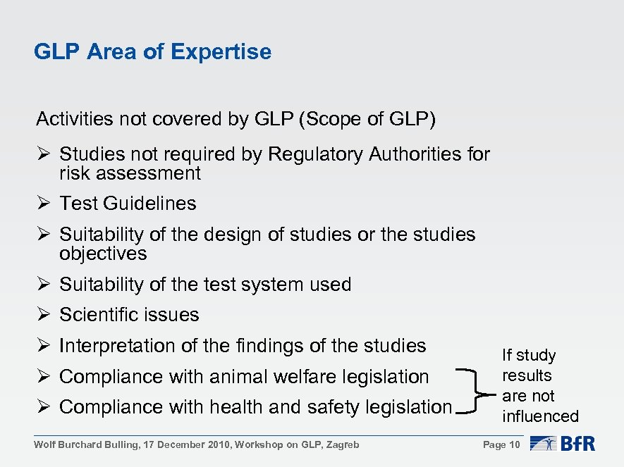GLP Area of Expertise Activities not covered by GLP (Scope of GLP) Ø Studies