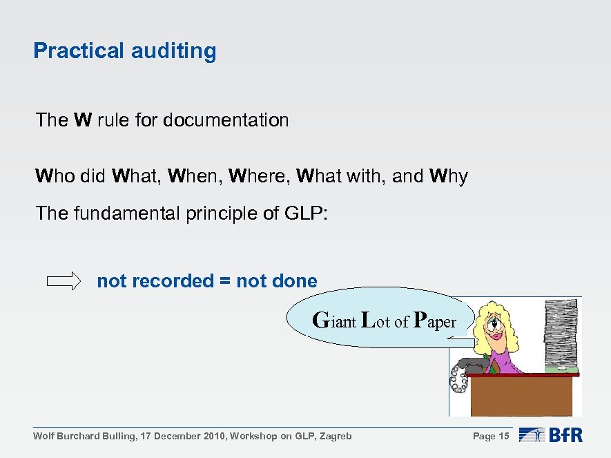 Practical auditing The W rule for documentation Who did What, When, Where, What with,