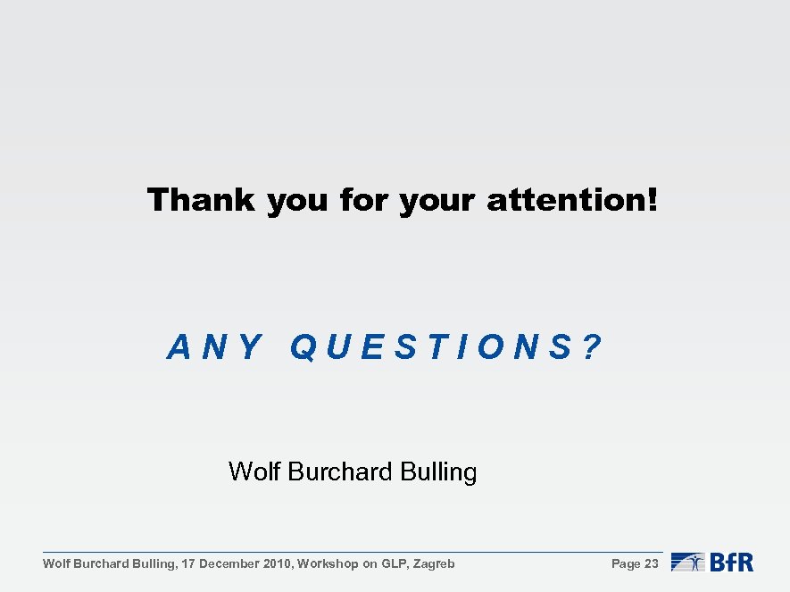 Thank you for your attention! ANY QUESTIONS? Wolf Burchard Bulling, 17 December 2010, Workshop