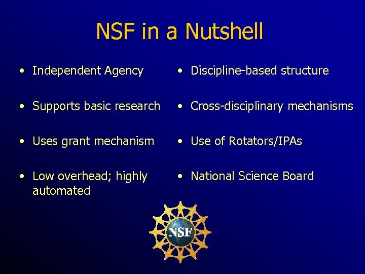NSF in a Nutshell • Independent Agency • Discipline-based structure • Supports basic research